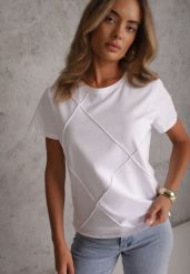 Biały Bawełniany T-shirt o Klasycznym Kroju z Ozdobnymi Przeszyciami w Romby Luara. Białe bluzki damskie Renee, l, bez wzorów, z bawełny, casualowe, bez kołnierzyka. Za 59.99 zł.