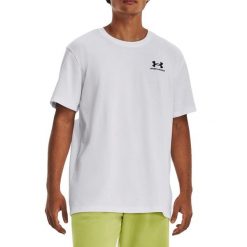 Gruba koszulka z wyhaftowanym logo Under Armour. Białe koszulki sportowe męskie Under Armour, s, bez wzorów, z bawełny, bez kołnierzyka, bez ramiączek, na fitness i siłownię. Za 166.59 zł.