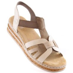 Komfortowe sandały damskie na koturnie beżowe Rieker 62918-62. Brązowe sandały damskie Rieker, bez wzorów, ze skóry ekologicznej, bez obcasa, na koturnie, bez zapięcia. Za 299.00 zł.