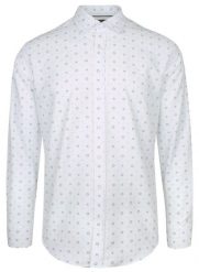 Koszula Bawełniana Biała w Geometryczny Wzór Niebiesko-Granatowy, Taliowana, Długi Rękaw -QUICKSIDE. Niebieskie koszule męskie Quickside, bez wzorów, z bawełny, biznesowe, bez kołnierzyka, bez ramiączek. Za 159.00 zł.