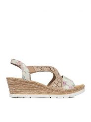 Rieker Sandały CEO-61916-90 Beżowy. Brązowe sandały damskie Rieker, bez wzorów, ze skóry, bez obcasa, na koturnie, bez zapięcia. Za 319.99 zł.