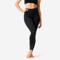 Legginsy do tańca nowoczesnego damskie Domyos wysoki stan. Czarne legginsy sportowe damskie DOMYOS, xs, bez wzorów, z elastanu, z podwyższonym stanem, na jogę i pilates. Za 119.99 zł.