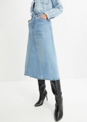 Spódnica dżinsowa ze stretchem, High Waist. Niebieskie spódnice damskie bonprix, bez wzorów, z podwyższonym stanem. Za 119.99 zł.