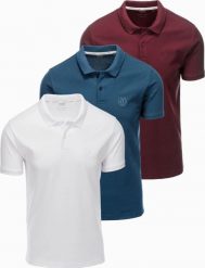Komplet męskich bawełnianych t-shirtów polo BASIC biały/bordowy/ciemnoniebieski V4 OM-POBS-0133 S. Białe koszulki polo męskie Ombre, m, bez wzorów, z bawełny, bez ramiączek. Za 376.71 zł.