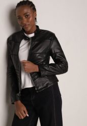 Czarna Kurtka Typu Ramoneska Ozdobiona Przeszyciami Elianea. Czarne kurtki damskie Born2be, l, bez wzorów, z jeansu, bez kaptura. Za 119.99 zł.