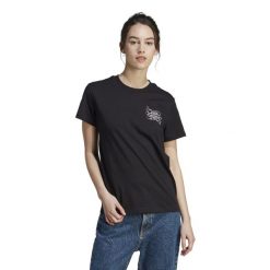 TKoszulka z krótkim rękawem damska Adidas Gym & Pilates. Czarne koszulki sportowe damskie Adidas, s, bez wzorów, z bawełny, sportowe, bez kołnierzyka. W wyprzedaży za 99.99 zł.