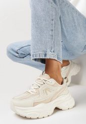 Beżowe Sneakersy na Grubej Podeszwie z Metalicznymi Wstawkami i Siateczką Aterim. Brązowe obuwie sportowe damskie Born2be, bez wzorów. Za 89.99 zł.
