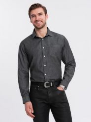 Męska jeansowa koszula z haftowaną kieszonką – czarna V2 - Rozmiar: S. Czarne koszule męskie Ombre Clothing, m, z aplikacjami, z denimu, eleganckie, bez kołnierzyka, bez ramiączek. W wyprzedaży za 157.49 zł.