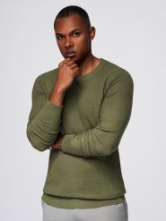 Strukturalny sweter męski z okrągłym dekoltem – oliwkowy V1 - Rozmiar: XL. Zielone swetry przez głowę męskie Ombre Clothing, m, bez wzorów, z dzianiny, bez kołnierzyka. W wyprzedaży za 142.49 zł.