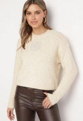 Beżowy Sweter z Wełną Ozdobiony Haftem Ellannia. Brązowe swetry damskie Born2be, na zimę, bez wzorów, z wełny, bez kołnierzyka, bez ramiączek, bez kaptura. Za 119.99 zł.