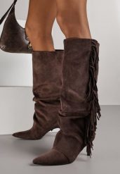 Brązowe Kozaki z Imitacji Zamszu na Szpilce z Marszczoną Cholewką z Frędzlami Linotris. Brązowe kozaki damskie Renee, z jeansu, bez obcasa, na obcasie. Za 199.99 zł.