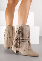 Ciemnobeżowe Botki Boho z Cholewką Imitującą Nogawkę i Frędzlami Zaslie. Brązowe botki damskie Renee, z jeansu, boho, bez obcasa, na obcasie, bez zapięcia. Za 159.99 zł.