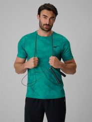 4F Koszulka treningowa regular szybkoschnąca męska - zielona M. Zielone koszulki sportowe męskie 4f, m, bez wzorów, z materiału, bez kołnierzyka, bez ramiączek, na fitness i siłownię. Za 139.99 zł.