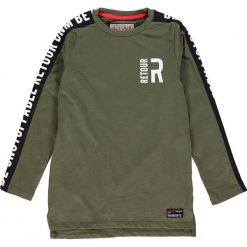 Koszulka w kolorze ciemnozielonym. Zielone t-shirty dla chłopców marki Retour denim de Luxe, z nadrukiem, z bawełny, z długim rękawem. W wyprzedaży za 82.95 zł.