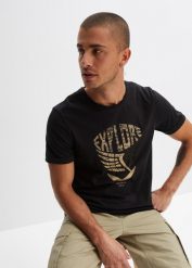 T-shirt z bawełny organicznej. Czarne t-shirty męskie bonprix, l, bez wzorów, z bawełny, bez kołnierzyka. Za 59.99 zł.