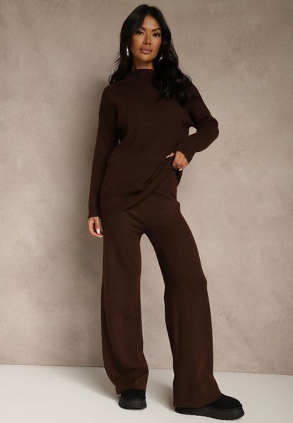 Brązowy Komplet z Wełną i Bawełną Szerokie Spodnie i Sweter o Długim Kroju Reilissa. Brązowe spodnie materiałowe damskie Renee, l, bez wzorów, z bawełny. Za 139.99 zł.