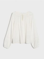 Wiskozowa bluzka z ażurowymi wstawkami - kremowy. Białe bluzki damskie Sinsay, l, w ażurowe wzory, z wiskozy, bez kołnierzyka, bez ramiączek. Za 39.99 zł.