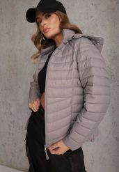 Szara Przejściowa Kurtka Pikowana z Kapturem z Możliwością Odpięcia Pretiga. Szare kurtki damskie Renee, m, bez wzorów, z jeansu, z kapturem. Za 109.99 zł.