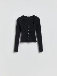 Bluzka z koronką - czarny. Czarne bluzki damskie Reserved, l, bez wzorów, z bawełny, bez kołnierzyka, bez ramiączek. Za 79.99 zł.