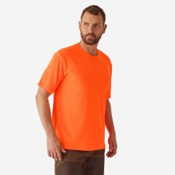 Koszulka Solognac 300 fluo. Brązowe koszulki sportowe męskie SOLOGNAC, l, bez wzorów, z materiału, bez kołnierzyka, bez ramiączek, outdoorowe. Za 69.99 zł.