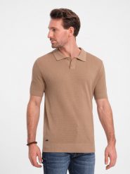 Męska bawełniana koszulka polo ze strukturalnej dzianiny – jasnobrązowa V3 OM-POSS-0117 - XXL. Brązowe koszulki polo męskie Ombre Clothing, l, bez wzorów, z bawełny, biznesowe, bez ramiączek. W wyprzedaży za 99.99 zł.