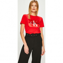 Calvin Klein Jeans - Top. Brązowe topy damskie Calvin Klein Jeans, z nadrukiem, z bawełny, z okrągłym kołnierzem, z krótkim rękawem. Za 229.90 zł.