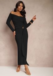 Czarna Marszczona Sukienka o Dopasowanym Kroju z Trenem i Rozcięciem Aluilea. Czarne sukienki damskie Renee, na co dzień, m, bez wzorów, eleganckie, bez kołnierzyka, bez ramiączek, maxi, dopasowane. Za 129.99 zł.
