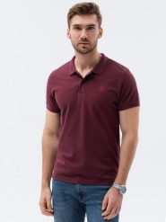 Koszulka męska polo z dzianiny pique - bordowa V10. Czerwone koszulki polo męskie Ombre Clothing, m, bez wzorów, z bawełny, klasyczne, bez ramiączek. W wyprzedaży za 19.99 zł.