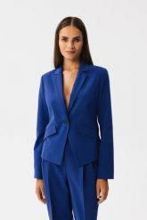 Chabrowa Elegancka Krótka Marynarka. Niebieskie żakiety damskie MOE, l, bez wzorów, z elastanu, eleganckie. Za 369.90 zł.