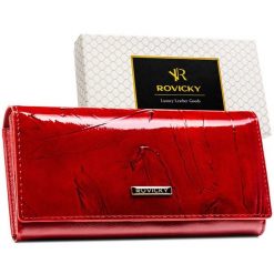 Duży lakierowany portfel damski ze skóry naturalnej i ekologicznej klasyczny poziomy na zatrzask ochrona RFID Rovicky RPN-27-YM. Brązowe portfele damskie ROVICKY, bez wzorów, z lakierowanej skóry. Za 74.99 zł.
