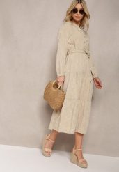 Beżowa Sukienka z Falbankami Gumką w Talii i Wiązanym Paskiem Obinella. Brązowe sukienki dla dziewczynek Renee, bez wzorów, biznesowe, bez ramiączek. Za 219.99 zł.