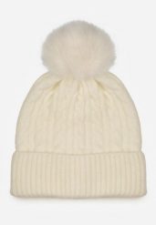 Jasnobeżowa Czapka w Warkoczowy Splot z Pomponem Vetisare. Brązowe czapki i kapelusze damskie Born2be, bez wzorów, z dzianiny. Za 34.99 zł.