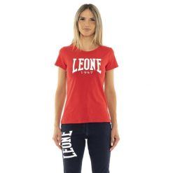 Koszulka z bawełna na czas wolny na co dzień. Czerwone koszulki sportowe damskie LEONE 1947 APPAREL, bez wzorów, z bawełny, bez kołnierzyka, bez ramiączek, na fitness i siłownię. W wyprzedaży za 75.78 zł.