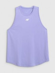 4F Top treningowy regular szybkoschnący damski - fioletowy L. Fioletowe koszulki sportowe damskie 4f, l, bez wzorów, z materiału, bez kołnierzyka. Za 79.99 zł.