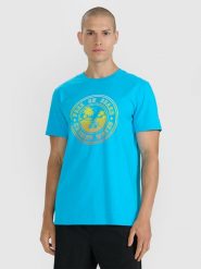 4F T-shirt regular z nadrukiem męski - niebieski S. Niebieskie koszulki sportowe męskie 4f, m, bez wzorów, z bawełny, klasyczne, bez kołnierzyka. Za 69.99 zł.