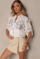 Biało-Granatowa Koszula o Kroju Oversize z Podpinanymi Rękawami i Ozdobnym Haftem Follenea. Białe bluzki damskie Renee, z aplikacjami, z jeansu, eleganckie, bez kołnierzyka, bez ramiączek. Za 79.99 zł.