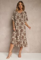 Brązowa Sukienka z Bawełną i Abstrakcyjnym Motywem Filarella. Brązowe sukienki damskie Renee, na co dzień, na lato, l, bez wzorów, z bawełny, eleganckie, bez kołnierzyka, bez ramiączek, midi. Za 44.99 zł.