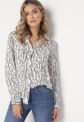 Biała Wiskozowa Koszula w Modny Print z Długim Rękawem Mustacie. Białe bluzki damskie Born2be, l, bez wzorów, z wiskozy, klasyczne, bez kołnierzyka, bez ramiączek. Za 29.99 zł.