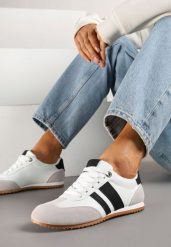 Białe Sneakersy z Geometrycznymi Paskami Desmira. Białe obuwie sportowe damskie Renee, bez wzorów, z jeansu. Za 74.99 zł.