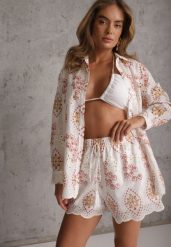 Biały Letni Komplet z Bawełny w Etno Haft Koszula i Szorty Agitrite. Białe spodenki dla dziewczynek Renee, na lato, bez wzorów, z bawełny, boho. Za 259.99 zł.