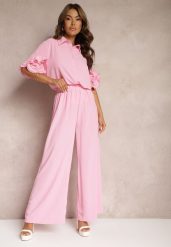 Różowy Komplet Szerokie Spodnie i Koszula z Falbanami Rivathins. Czerwone koszule damskie Renee, l, bez wzorów, eleganckie, bez kołnierzyka, bez ramiączek. Za 159.99 zł.