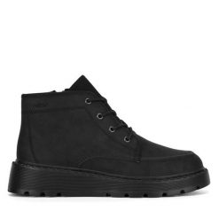 Trzewiki Rieker. Czarne botki damskie Rieker, bez obcasa, na płaskiej podeszwie, bez zapięcia. Za 335.00 zł.