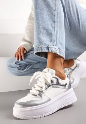 Biało-Srebrne Sneakersy z Cholewką z Licznymi Wstawkami na Grubej Podeszwie Lenarise. Białe obuwie sportowe damskie Renee, bez wzorów, z dresówki. Za 89.99 zł.