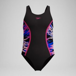 Dziewczęcy jednoczęściowy kostium kąpielowy Speedo Hyperboom Splice Muscleback. Czarne stroje kąpielowe dla dziewczynek Speedo, bez wzorów, z materiału. Za 223.00 zł.