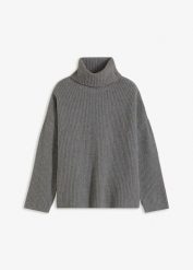 Prążkowany sweter z golfem. Szare swetry damskie bonprix, bez wzorów, prążkowane, bez kołnierzyka, bez ramiączek, bez kaptura. Za 114.99 zł.