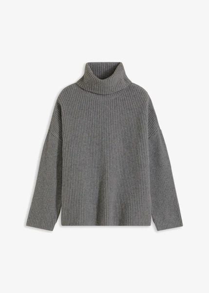 Prążkowany sweter z golfem. Szare swetry damskie bonprix, bez wzorów, prążkowane, bez kołnierzyka, bez ramiączek, bez kaptura. Za 129.99 zł.