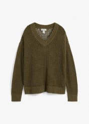 Sweter ażurowy z lekkiej mieszanki lnu. Zielone swetry damskie bonprix, w ażurowe wzory, bez kołnierzyka, bez ramiączek, bez kaptura. Za 69.99 zł.