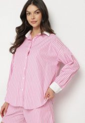 Różowa Koszula w Paski o Kroju Oversize z Kontrastującymi Wstawkami Menestra. Czerwone bluzki damskie Born2be, l, bez wzorów, z jeansu, eleganckie, bez kołnierzyka, bez ramiączek. Za 99.99 zł.
