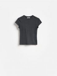 T-shirt slim fit - ciemnoszary. Szare t-shirty damskie Reserved, l, bez wzorów, z bawełny, bez kołnierzyka. Za 25.99 zł.