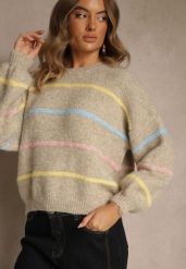 Beżowy Sweter o Nietoperzowym Fasonie z Dodatkiem Wełny w Paseczki Ralinatia. Brązowe swetry damskie Renee, bez wzorów, z jeansu, casualowe, bez kołnierzyka, bez ramiączek, bez kaptura. Za 149.99 zł.